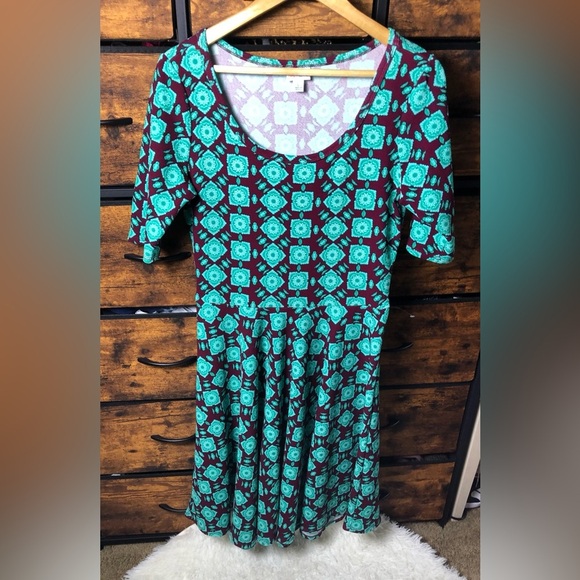 LuLaRoe Teal and Burgundy Geometric Midi Dress - Picture 4 of 14